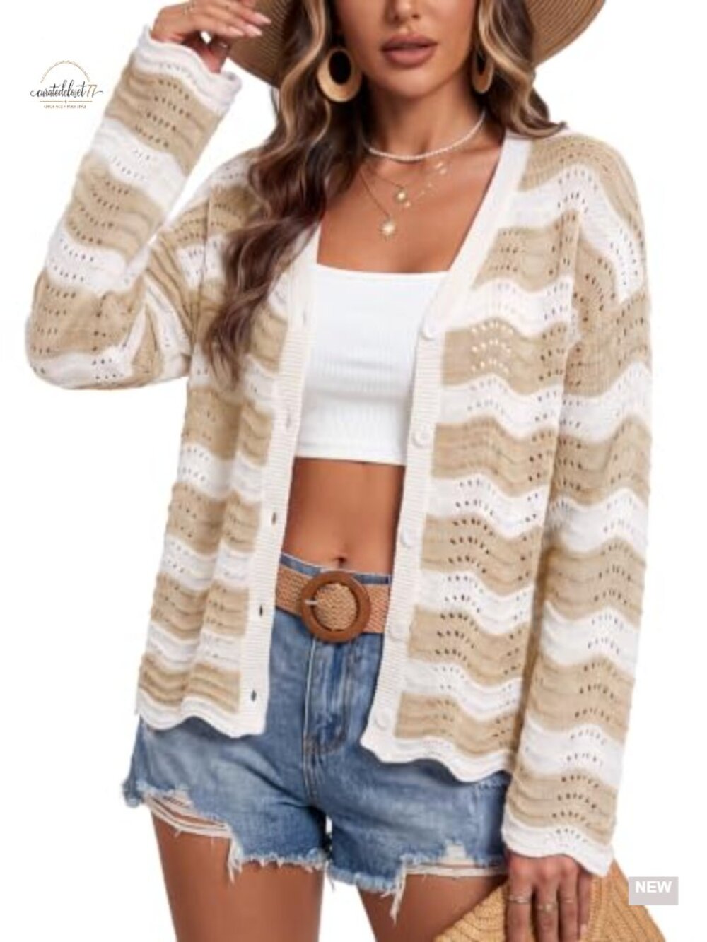 Linen Blend Oversized Crochet Cardigan Bell Sleeve Button Up